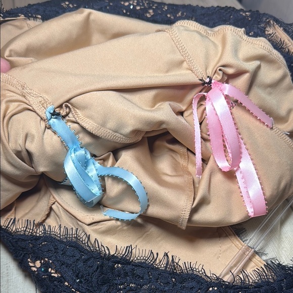 Navy Blue Evening Gown Nude Lining with Lace Overtop Beaded Plunging Neckline - Picture 11 of 16